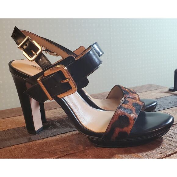 Antonio Melani Leopard Black Strappy Summer Fall Cocktail Block Heels Women Sz 7 - Picture 2 of 11